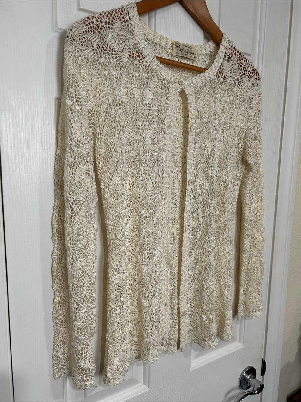 Vintage Hand Crocheted Cream Lace Cardigan Sweater - Picture 3 of 11